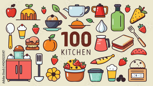 One hundred kitchen items vector graphic collection culinary illustration design
