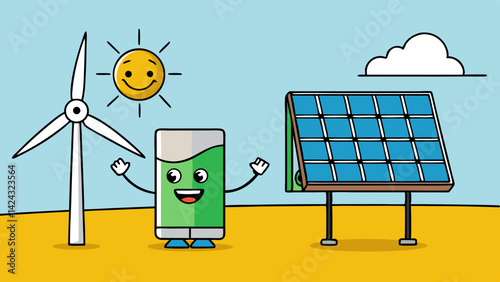 Cartoon illustration of renewable energy resources with battery solar panel and windmill