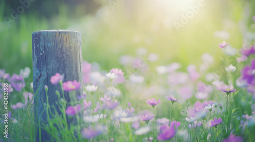 Obraz na płótnie An old wooden fence post in a field of flowers. w salonie