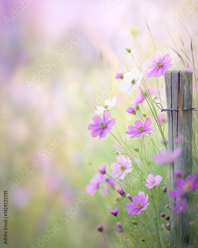 Obraz na płótnie An old wooden fence post in a field of flowers. w salonie