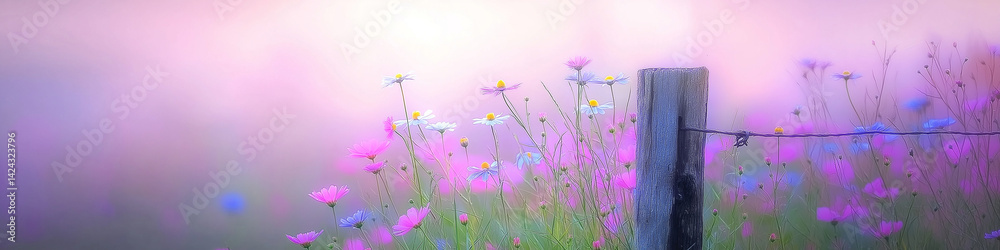 An old wooden fence post in a field of flowers.