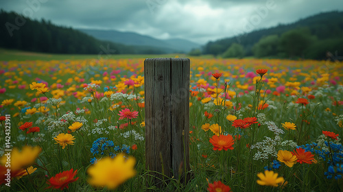 An old wooden fence post in a field of flowers. 
