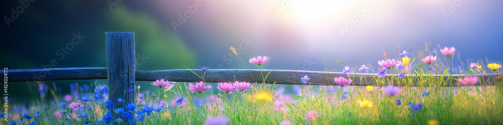 An old wooden fence post in a field of flowers.