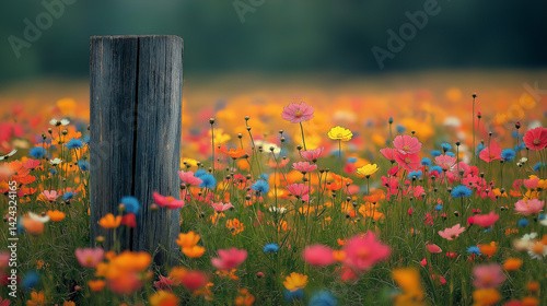 An old wooden fence post in a field of flowers. 
