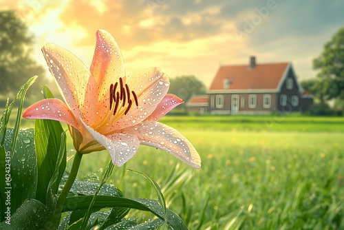 Peachy Lily Blooms Against a Dutch Farmhouse. photo