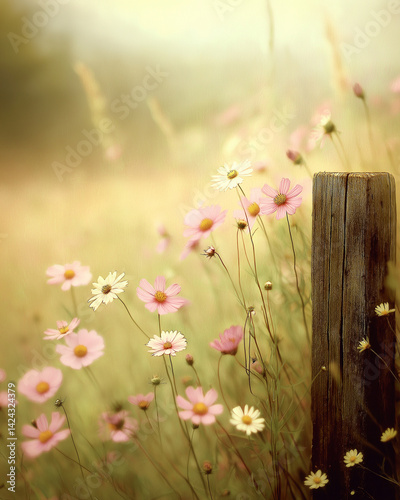 An old wooden fence post in a field of flowers. 