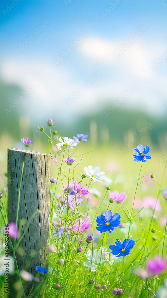 An old wooden fence post in a field of flowers.