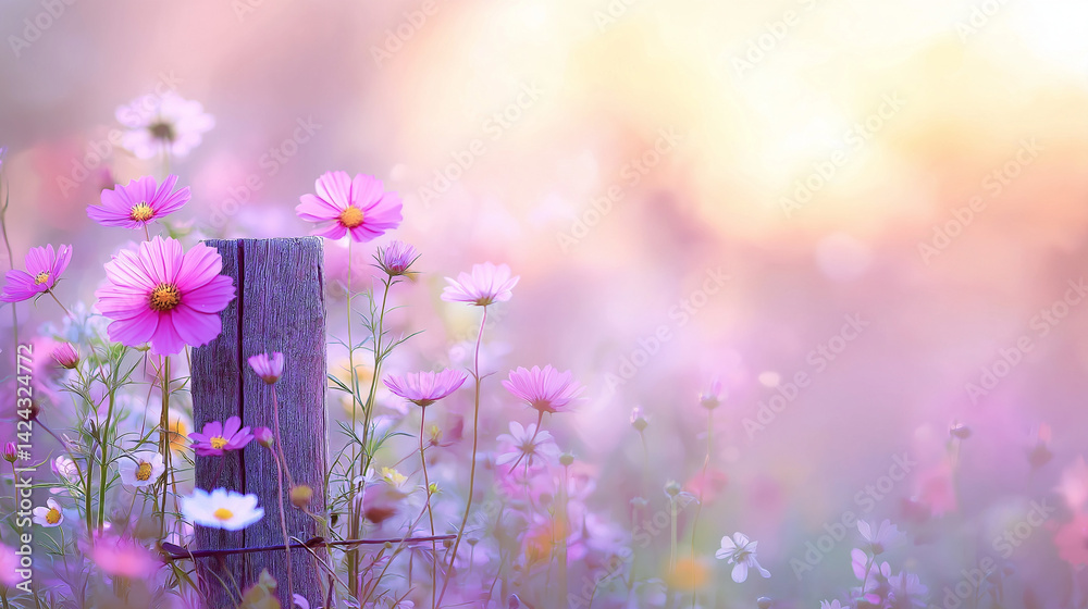 An old wooden fence post in a field of flowers.
