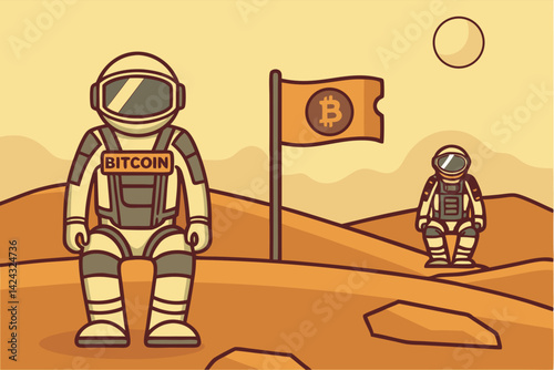 Astronauts Plant Bitcoin Flag on Mars Surface Futuristic Crypto Concept Art
