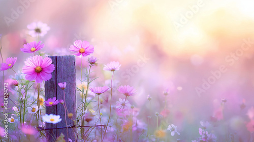 Obraz na płótnie An old wooden fence post in a field of flowers. w salonie