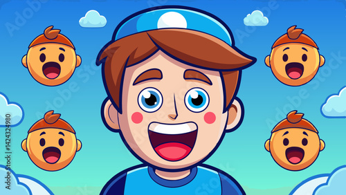 Cheerful boy character surrounded by baby emoticons with blue sky backdrop illustration