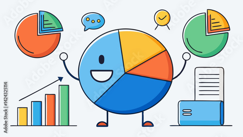 Cheerful pie chart mascot presenting business growth and data analysis concepts