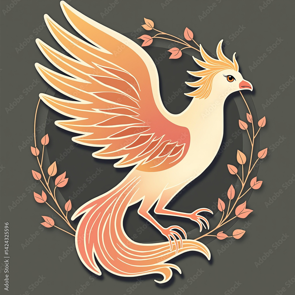 Obraz premium Stylized illustration of a phoenix surrounded by leaves