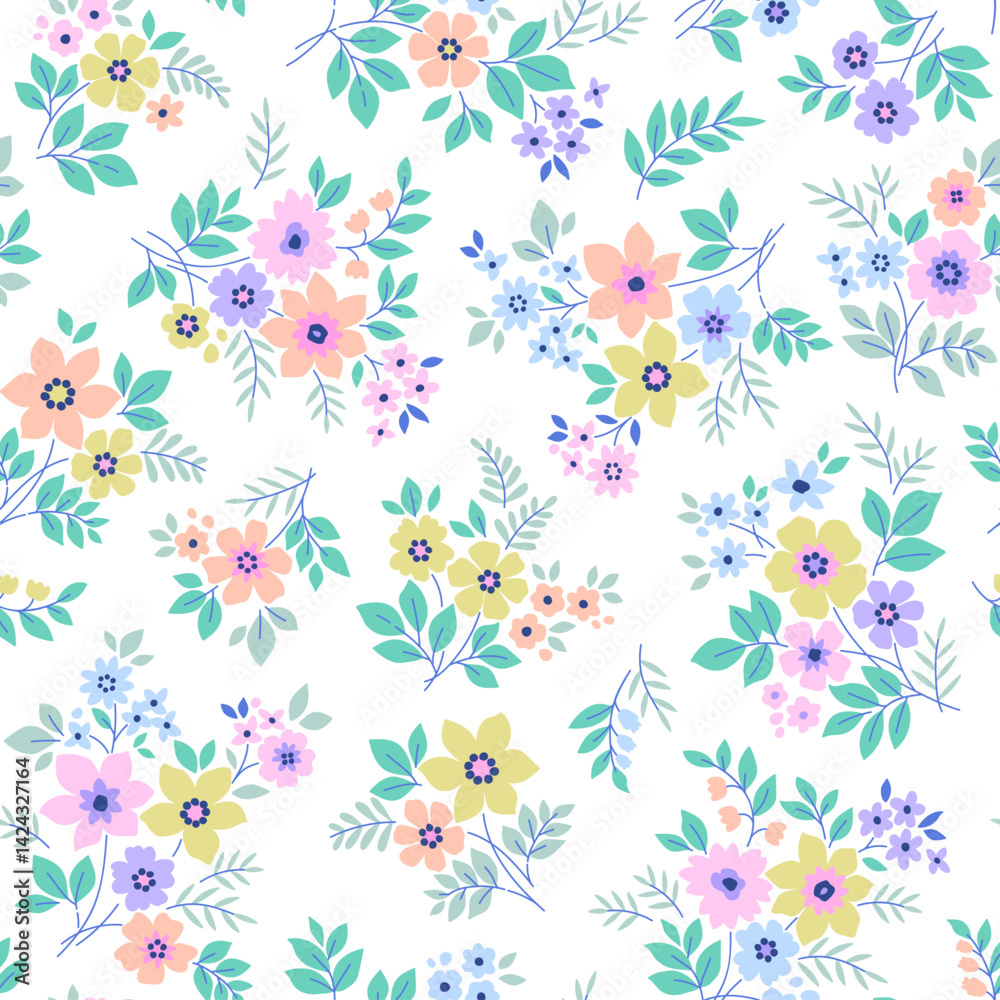 Romantic cute floral pattern in small flowers. Small pastel multicolor flowers. White background. Ditsy print. Floral seamless background. Gentle template for fashion prints. Summer Stock pattern. Romantic cute floral pattern in small flowers. Small pastel multicolor flowers. White background. Ditsy print. Floral seamless background. Gentle template for fashion prints. Summer Stock pattern.