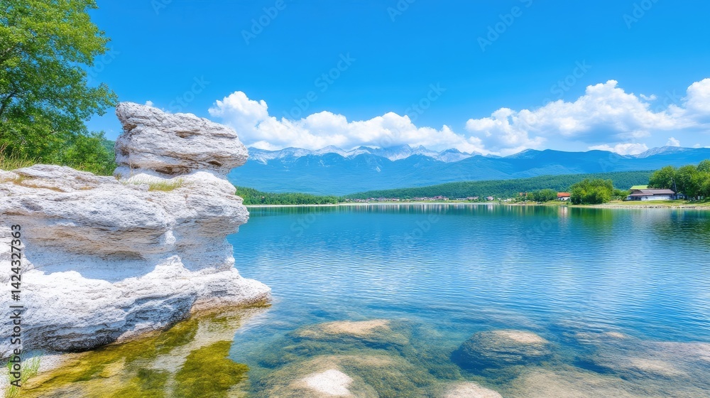 Fototapeta premium Serene lake with white rock formations under a vibrant blue sky