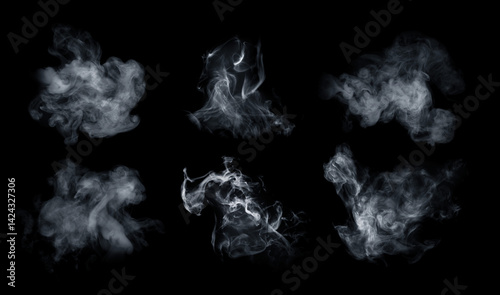 Fog or smoke set isolated on black background. White cloudiness, mist or smog background.