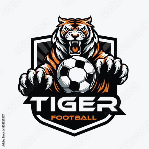 Tiger football logo design, tiger mascot with a ball, soccer logo for team and club