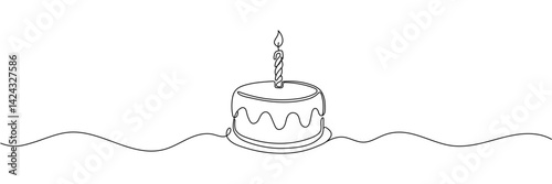 Continuous one line drawing of birthday cake with candles. Symbol of sweet celebration torte and pastry confectionery icon concept in simple linear style. Editable stroke