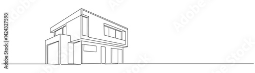 Modern house in line art drawing style. Contemporary building architectural model black linear design isolated on white background. Vector illustration Editable stroke