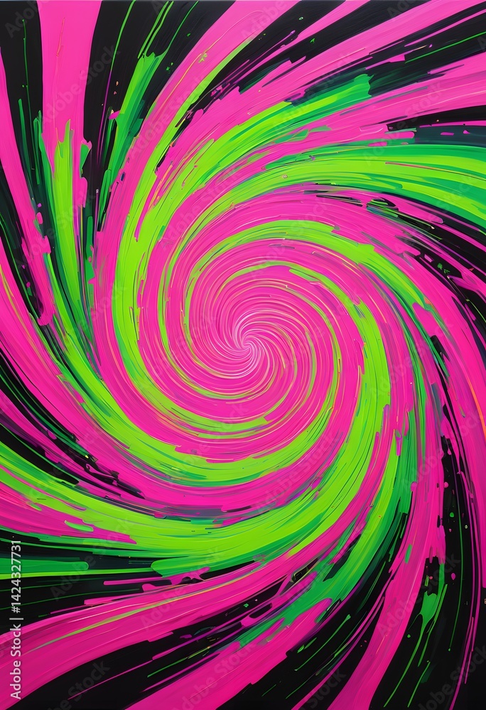 Abstract Spiral Painting in Pink, Lime Green, and Black
