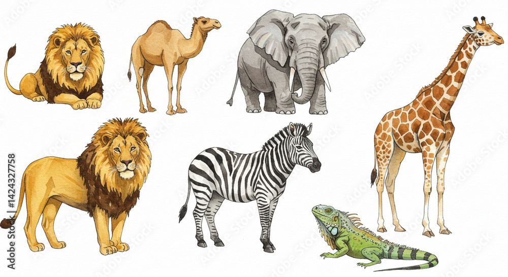 Naklejka premium Colorful Safari Animals Group on White Background - Watercolor Style Illustration