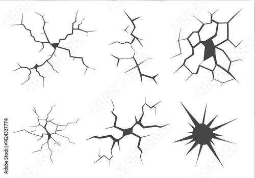 Cracks in Glass – High-Contrast Monochrome Broken Glass Vector with Fracture Patterns

