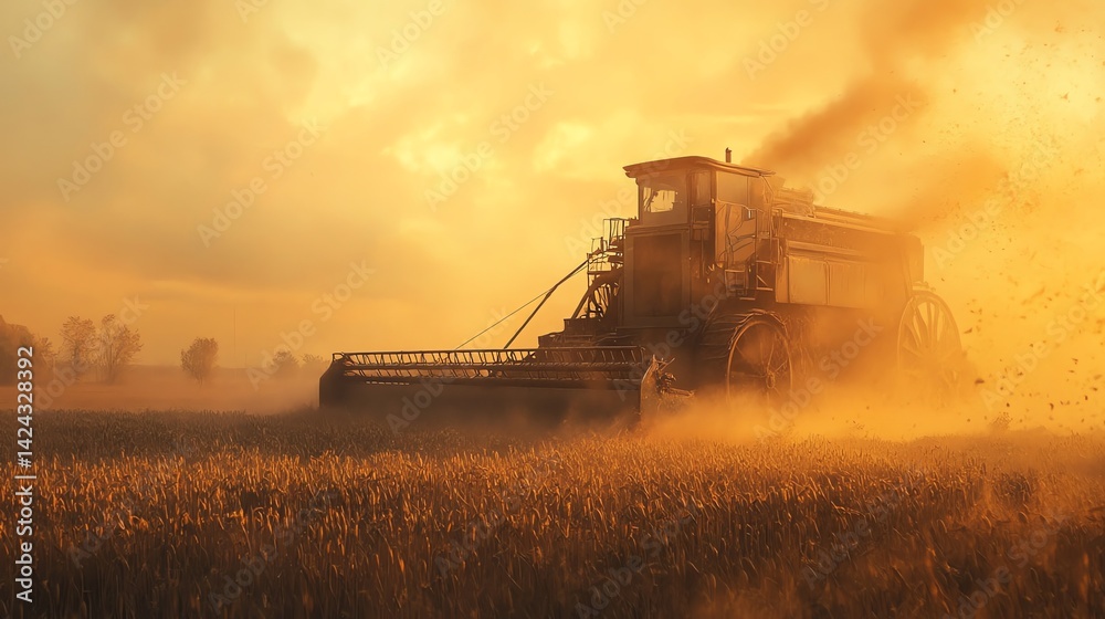 Fototapeta premium Antique Combine Harvesting Wheat Field at Sunset in Golden Light