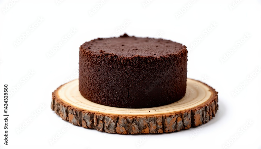 A round chocolate cake sits on a wooden slice, showcasing its rich texture against a plain background. A round chocolate cake sits on a wooden slice, showcasing its rich texture against a plain background.