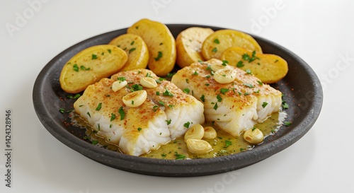 Wallpaper Mural A hearty portion of Bacalhau no Forno, featuring baked cod fillets topped with roasted garlic and potato wedges.  Torontodigital.ca
