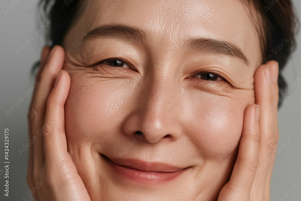 Detailed portrait focusing on the face of an elderly Korean woman, highlighting her smooth and well-cared-for skin. Perfect for illustrating beauty in aging, skincare effectiveness, and authentic port Detailed portrait focusing on the face of an elderly Korean woman, highlighting her smooth and well-cared-for skin. Perfect for illustrating beauty in aging, skincare effectiveness, and authentic port