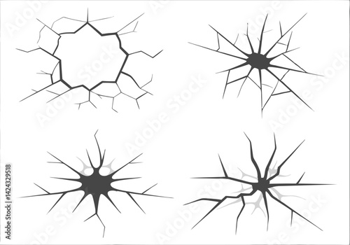 Cracks in Glass – High-Contrast Monochrome Broken Glass Vector with Fracture Patterns

