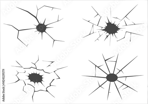 Cracks in Glass – High-Contrast Monochrome Broken Glass Vector with Fracture Patterns


