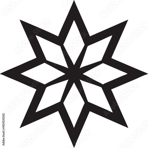 A bold eight-pointed star radiating strength and geometric precision with a stark black and white contrast.