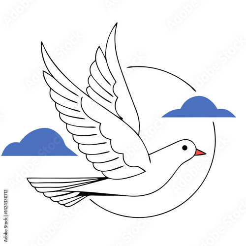 A graceful white dove soaring through a serene sky, symbolizing peace and hope with a minimalist line art style and simple blue cloud accents.