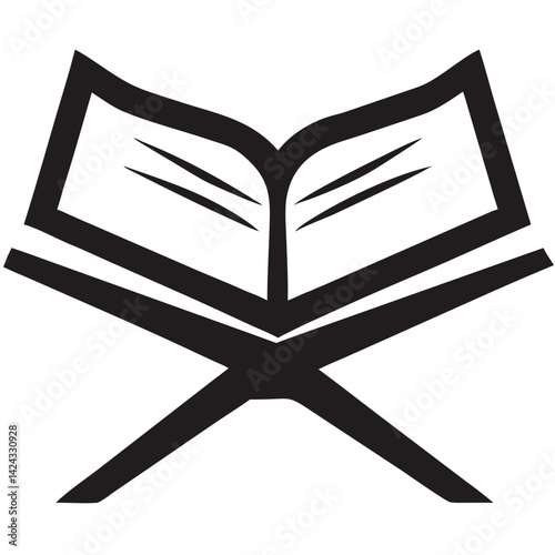 A sacred book rests open on a stand, ready for study and contemplation, a symbol of faith and knowledge in bold black silhouette.