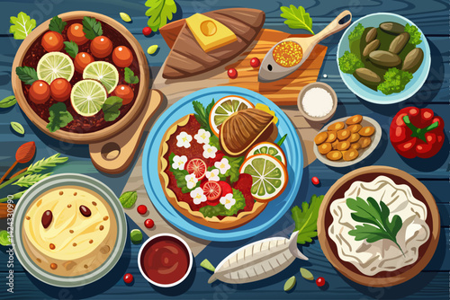 vector of Selection of traditional Greek food - salad, meze, pie, fish, tzatziki, dolma on wooden background, top view