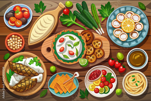 vector of Selection of traditional Greek food - salad, meze, pie, fish, tzatziki, dolma on wooden background, top view