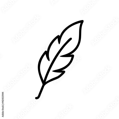A single, elegant feather symbolizing lightness, freedom, and the artistry of nature, rendered in bold black lines against a stark white background.