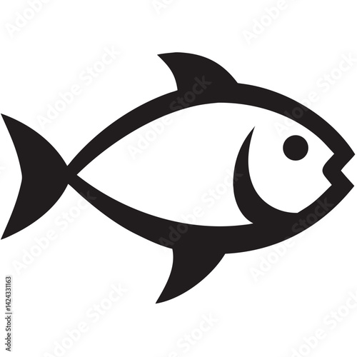 A sleek stylized fish gracefully gliding, a bold black silhouette against a pristine white background.