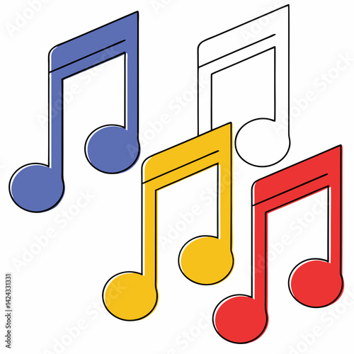 A vibrant symphony of colorful musical notes dancing across a white canvas with bold outlines and solid fills.