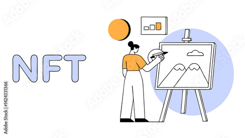 nft non fungible token selling crypto art or painting as unique digital asset with cryptocurrency payment in online bidding website artist woman painting beautiful digital canvas with the word nft
