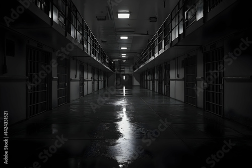 Empty prison cell blocks, a stark, institutional view.