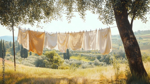 Laundry Drying Outdoors in Sunny Rural Landscape with Rolling Hills