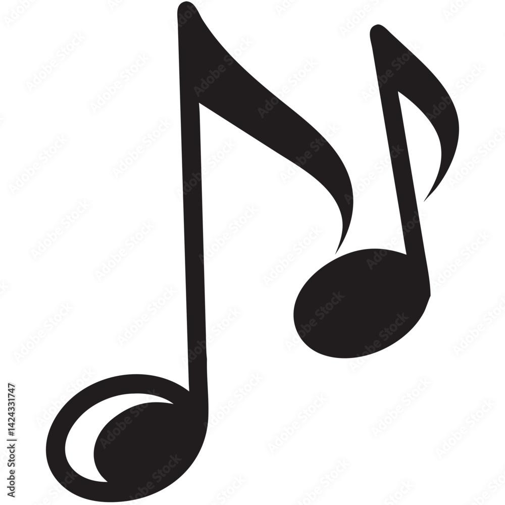 Two elegant musical notes dancing in a graceful rhythm, a simple black silhouette against a clean white backdrop.