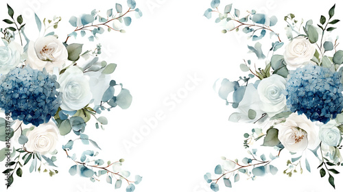 Watercolor rose and blue floral frame Background
