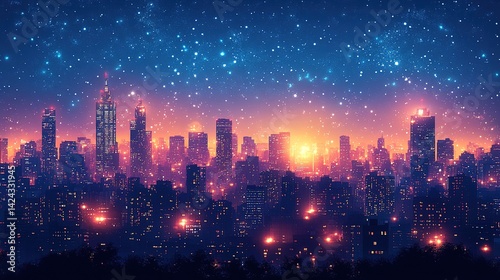 Wallpaper Mural Cityscape at dawn under a starry night.  City buildings illuminated by warm light, with a vibrant night sky full of stars and a soft sunrise Torontodigital.ca