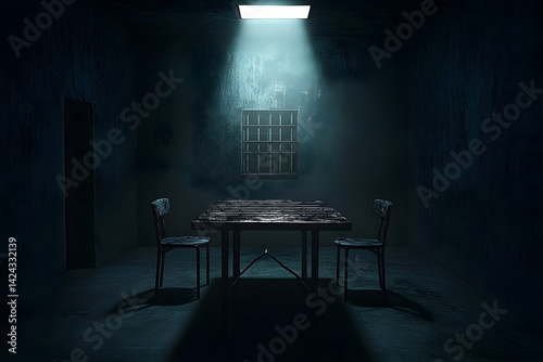 A dimly lit, concrete interrogation room. photo