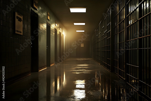 Dimly lit prison corridor, reflecting light and shadows.