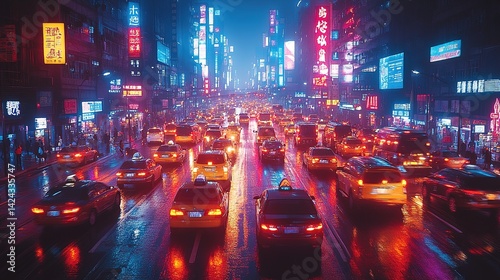 Busy city street at night, vibrant neon lights, heavy traffic, rain