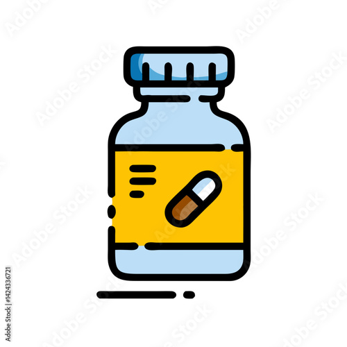 medicine bottle with capsules, pharmaceutical product, bright colors, health concept